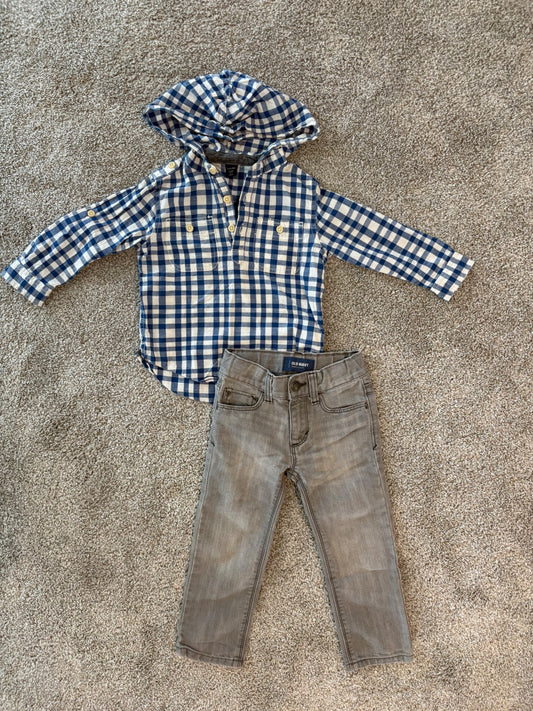 3T Boy Fall/Winter Outfit - Baby Gap Top + Old Navy Grey Jeans , Kids 3T