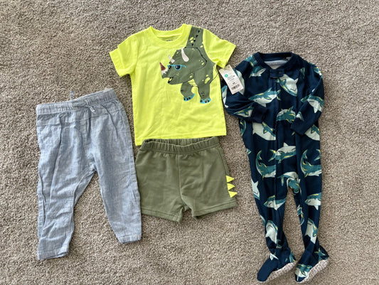 12M boy summer bundle - NWT carter's summer outfit + H&M linen summer pants + carter's sleeper , Kids 12 Month (9-12M)