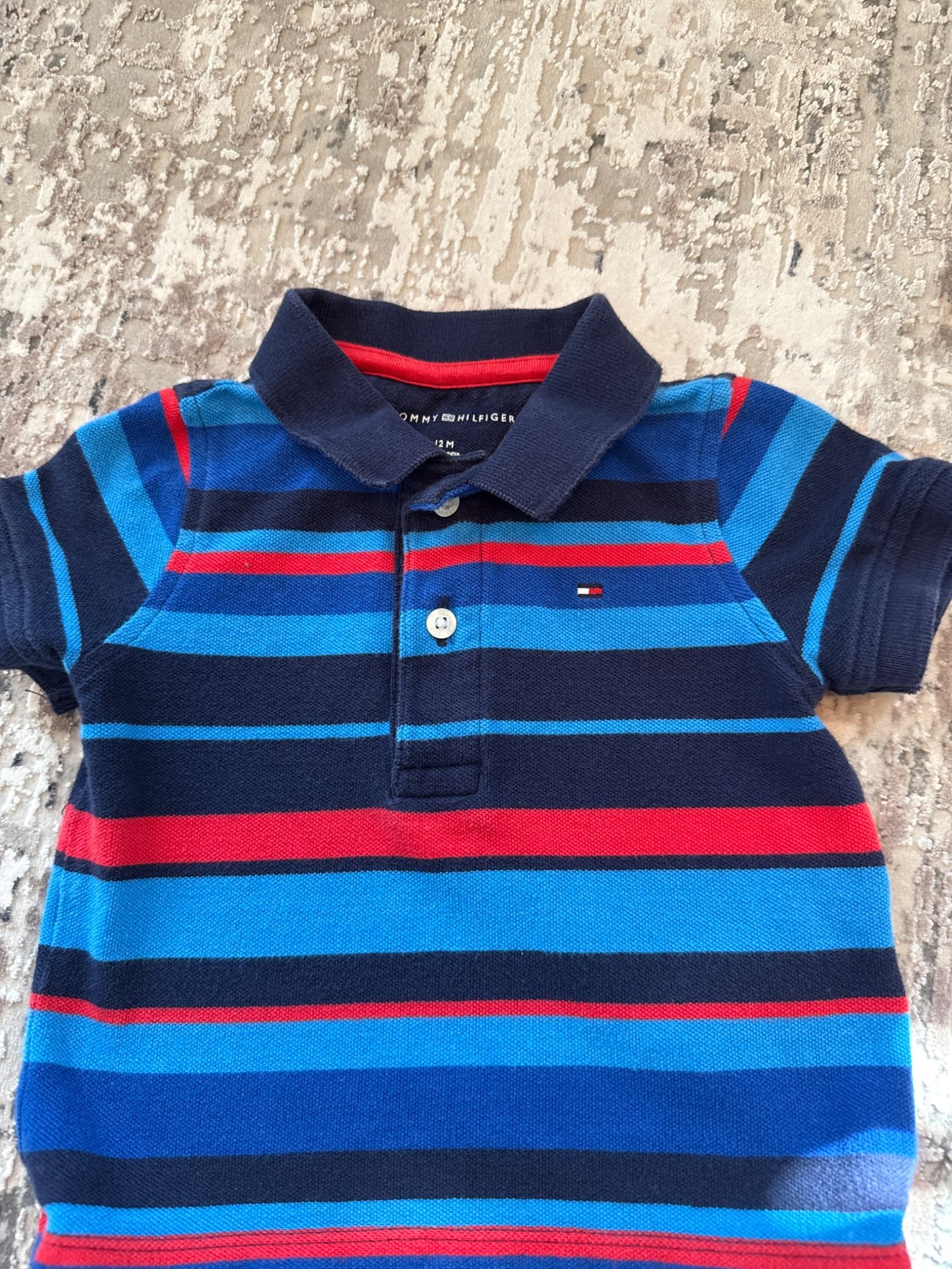 Tommy Hilfiger size 12 m Navy, blue& red stripes polo shirt, Kids 12 Month (9-12M)