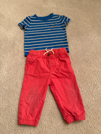 Baby Gap Size 6-12M short sleeve blue& grey shirt with red pants, Kids 9 Month (6-9M)