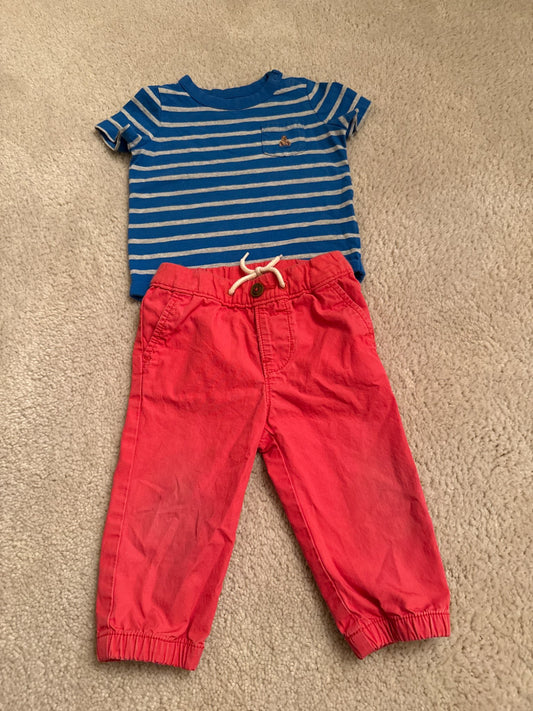 Baby Gap Size 6-12M short sleeve blue& grey shirt with red pants, Kids 9 Month (6-9M)
