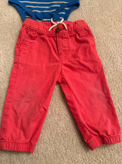 Baby Gap Size 6-12M short sleeve blue& grey shirt with red pants, Kids 9 Month (6-9M)