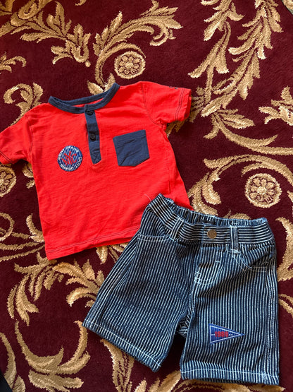 DKNY size 12m red short sleeve shirt & Navy stripes shorts , Kids 12 Month (9-12M)