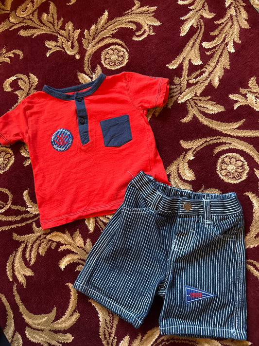 DKNY size 12m red short sleeve shirt & Navy stripes shorts , Kids 12 Month (9-12M)