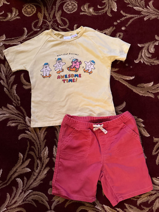 Zara size 18 - 24 m yellow shirt +  pink red short, Kids 24 Month (18-24M)