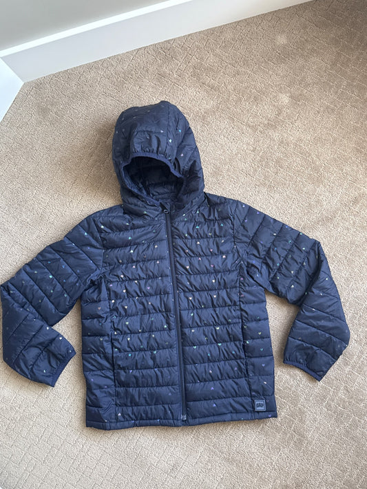 Gap kids size XL lightweight puffer jacket navy with multi colored heart, Kids 16