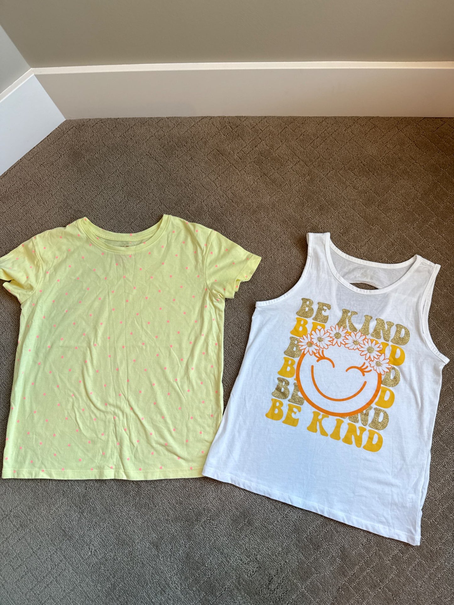 2Shirts size 14: 1 cat& jack yellow  with pink polk dot short& 1 children place be  kind tank, Kids 14