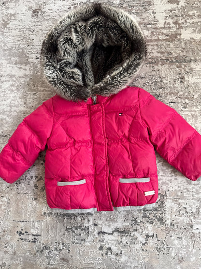 Tommy Hilfiger Size 18 m pink puff jacket with faux fur , Kids 24 Month (18-24M)