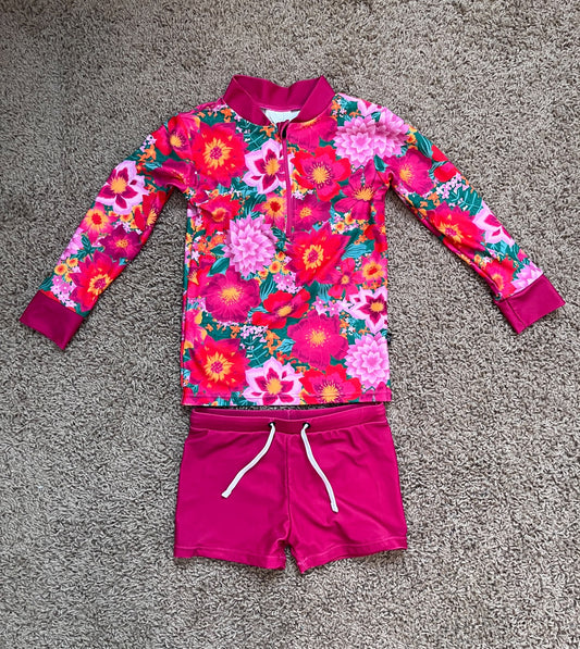 Honey Suckle, girl,  2 piece long sleeve rash guard shirt with swim trunk, UPF 50+