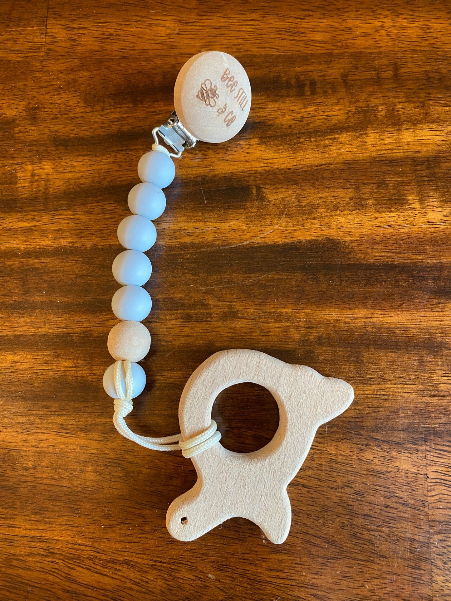 Unused silicone beaded clip, wooden teether