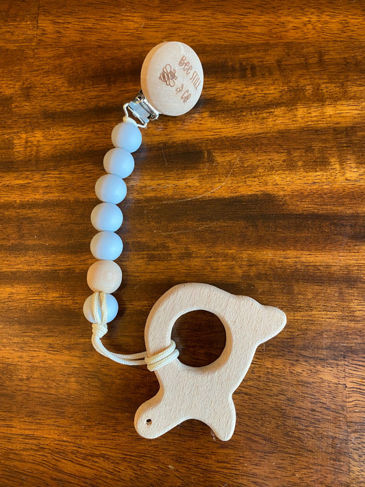 Unused silicone beaded clip, wooden teether