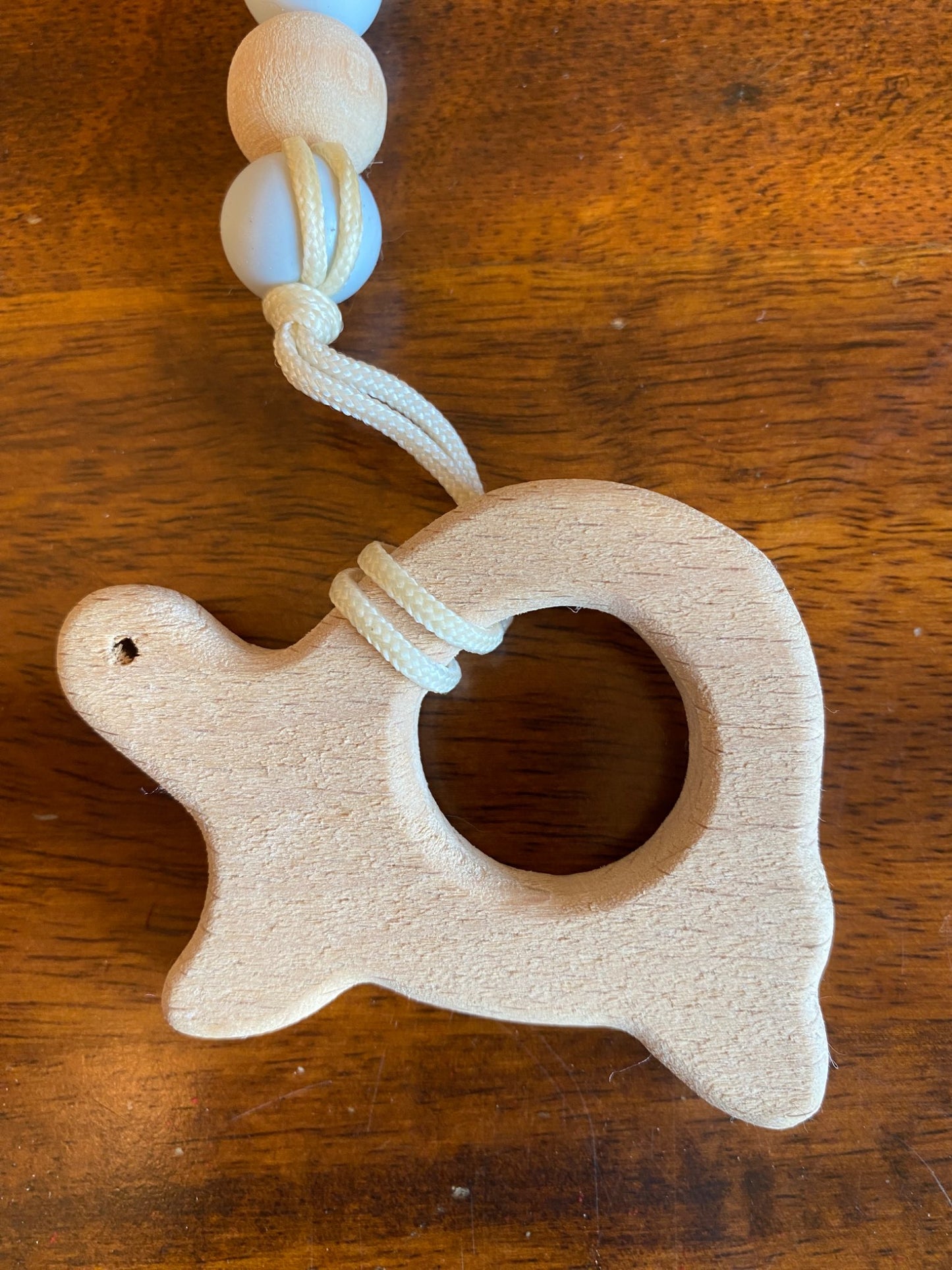 Unused silicone beaded clip, wooden teether