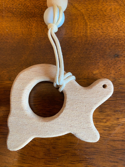 Unused silicone beaded clip, wooden teether