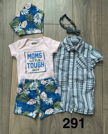Baby Boy Summer 3 Piece Floral Outfit, Plaid Romper with Bow tie 0-3 Months, Kids 3 Month (0-3M)