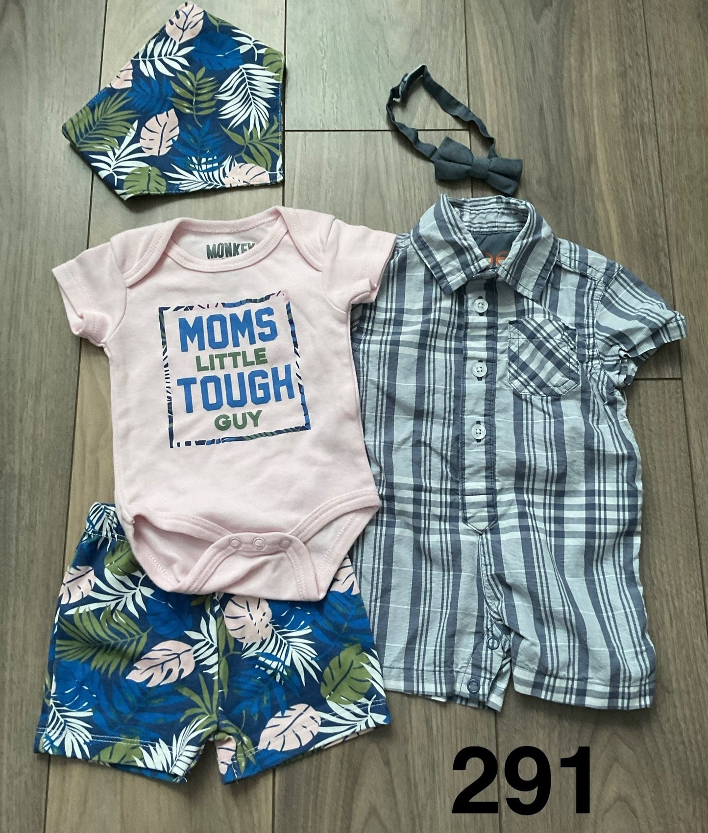 Baby Boy Summer 3 Piece Floral Outfit, Plaid Romper with Bow tie 0-3 Months, Kids 3 Month (0-3M)