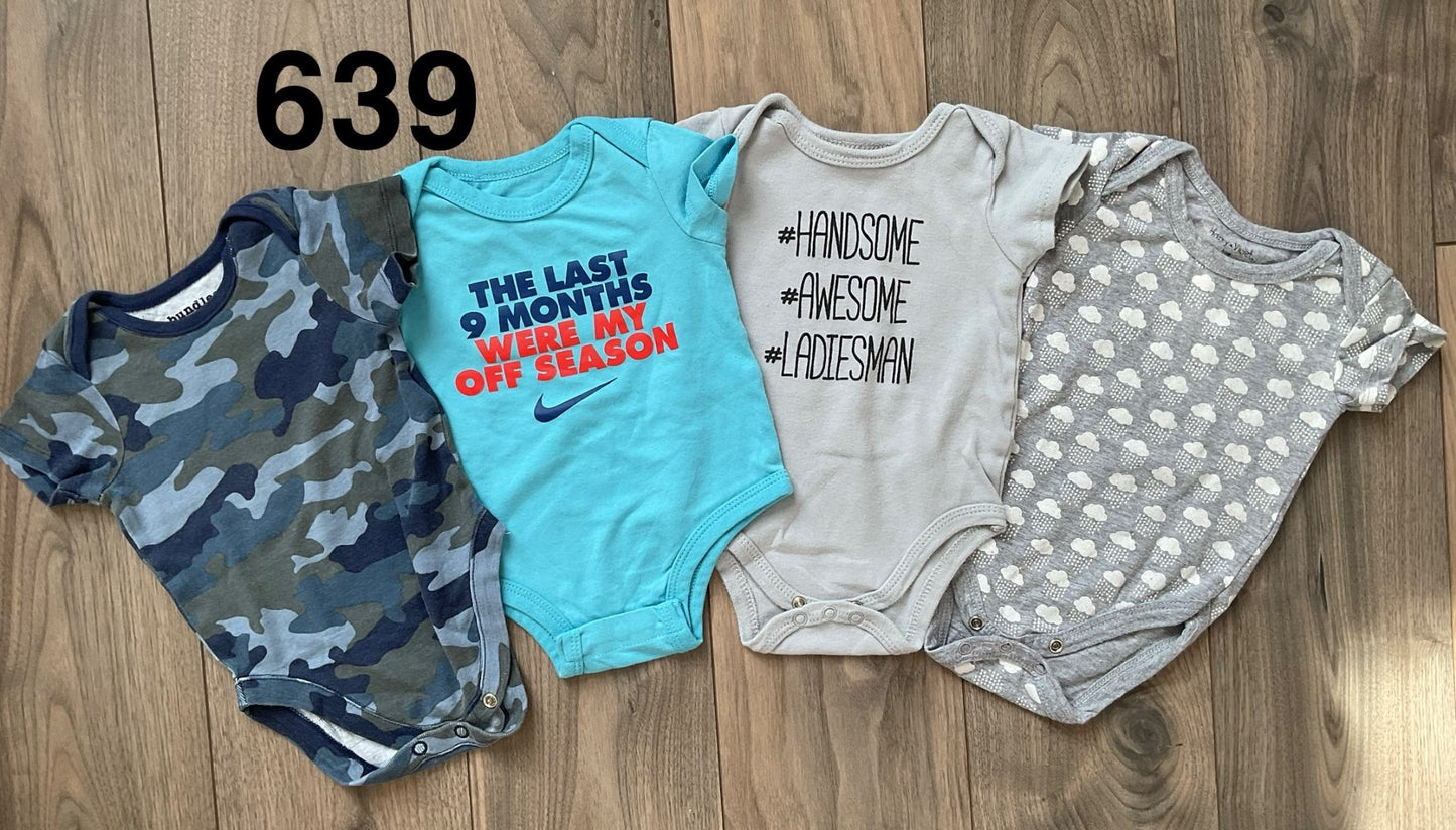 Camo, Blue and Grey Onesies 4pc 6-9 Months, Kids 9 Month (6-9M)