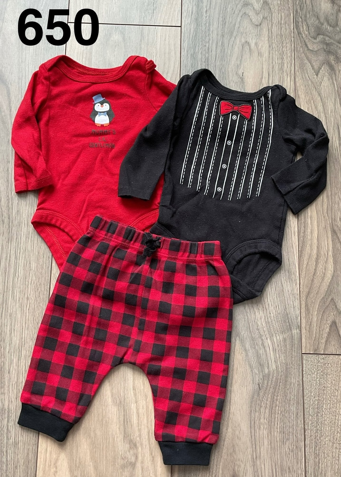 Black Tuxedo Onesie, Red Penguin and Checkered Pants 0-3 Months, Kids 3 Month (0-3M)