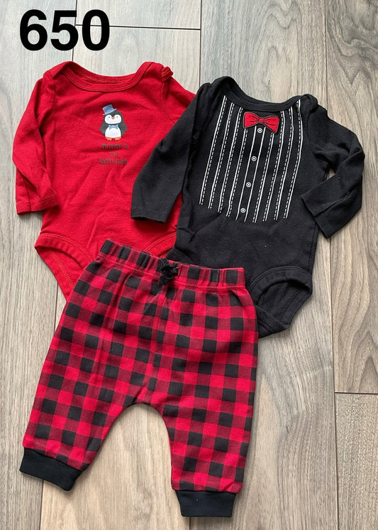 Black Tuxedo Onesie, Red Penguin and Checkered Pants 0-3 Months, Kids 3 Month (0-3M)