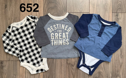 Layered Blue Onesie, Checkered Onesie, Grey Shirt, Kids 9 Month (6-9M)