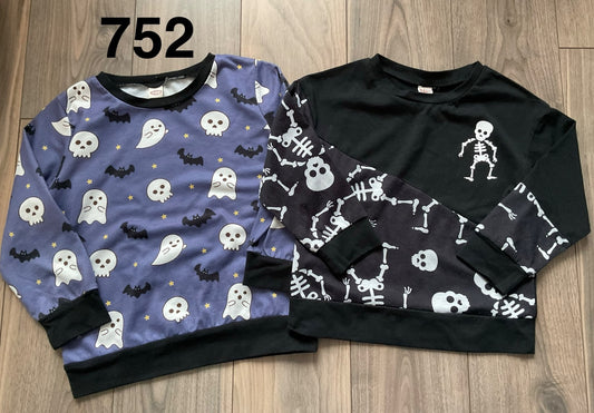 Halloween Tops, Black Skeletons and Purple with Ghosts, Size 4-5, Kids 4/4T