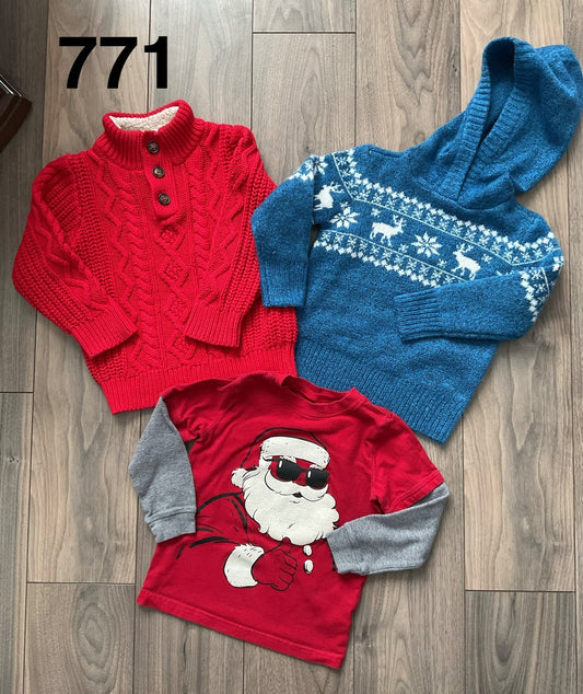 Boys Christmas Red Sweater, Blue Sweater and Red Shirt Size 3, Kids 3T