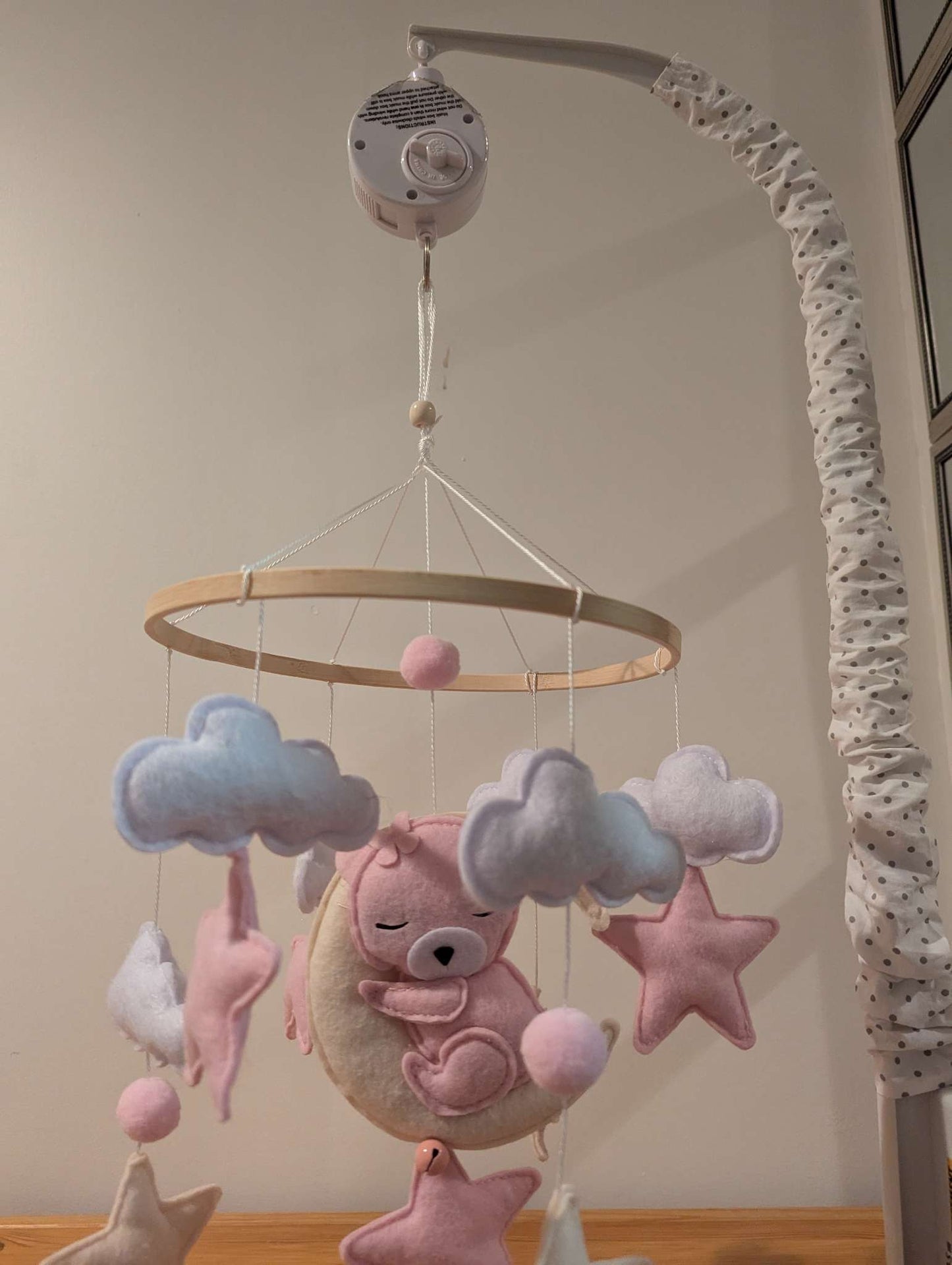 Girls Bear Clouds Stars Moon Crib Mobile with Arm and Lullaby Rotator