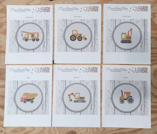 Counted Cross Stitch Patterns - Tractor, Dump Truck, Excavator, Front Loader, Back Hoe Loader, Mobile Crane