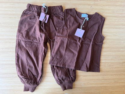 Never Not Brown Linen Two Piece Set , Kids 4/4T