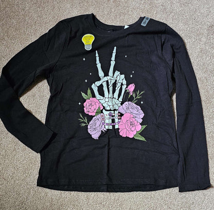 [NEW] Girls Large Glow-in-Dark Skeleton Hand LS Shirt, Kids 10