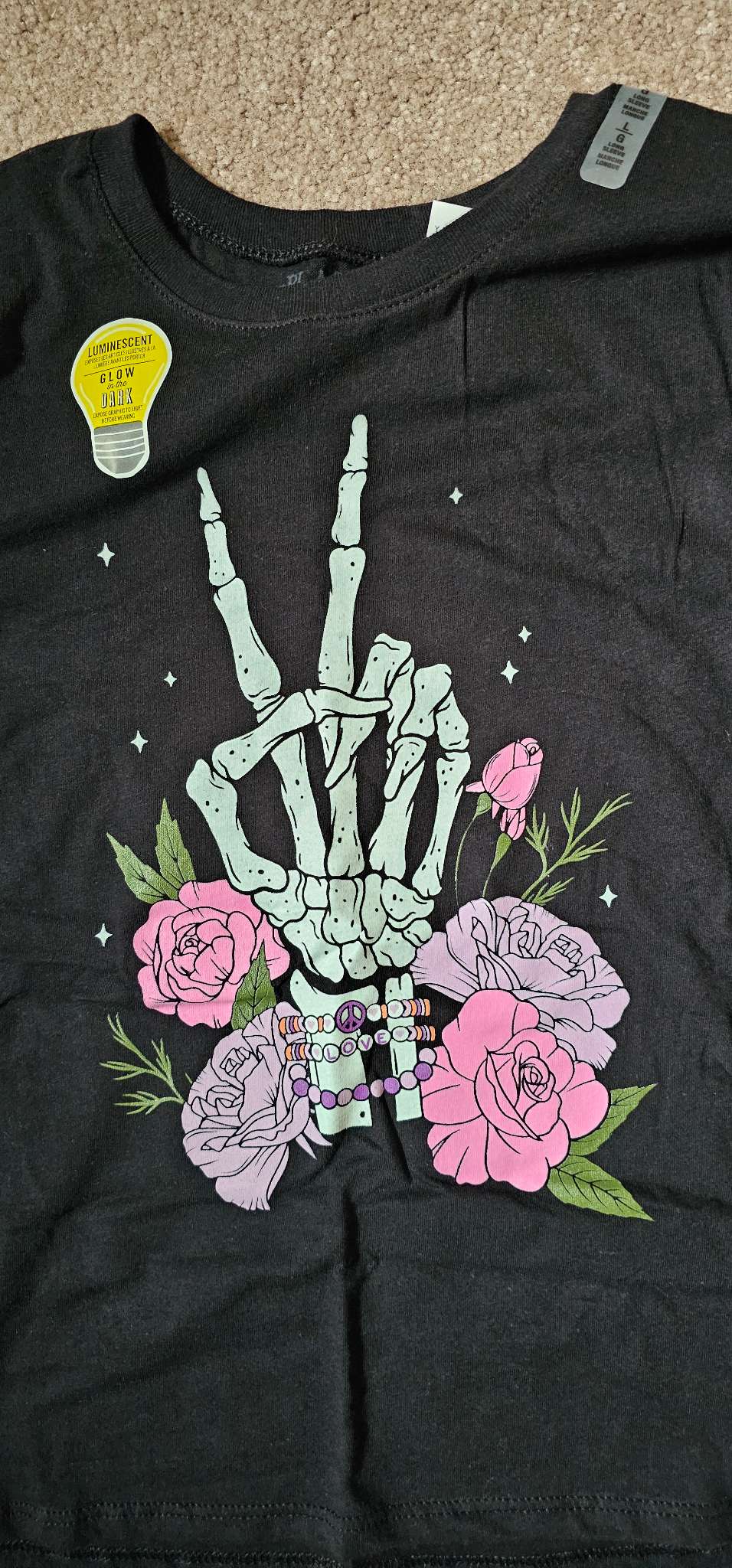 [NEW] Girls Large Glow-in-Dark Skeleton Hand LS Shirt, Kids 10
