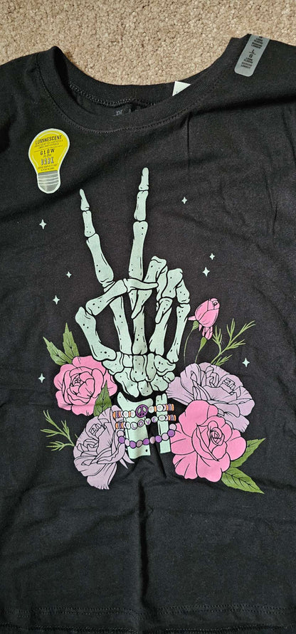 [NEW] Girls Large Glow-in-Dark Skeleton Hand LS Shirt, Kids 10