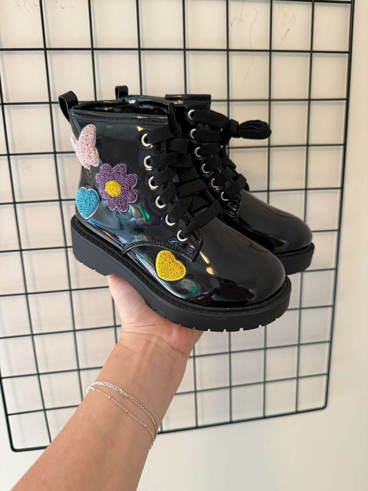 Black Boots with Flower Patches, Shoes 11 (Toddler:2-4yr)