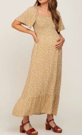 Smocked Bodice Yellow Floral Maxi Dress, Maternity XL (16-18)
