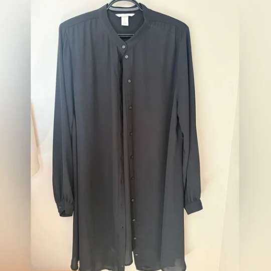 Sheer Black Long Button-Front Shirt Dress, Maternity L (12-14)