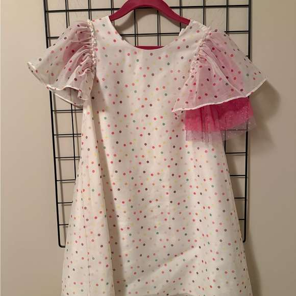 Deux par Deux White Dress with Pink and Multicolor Dots, Kids 6/6X