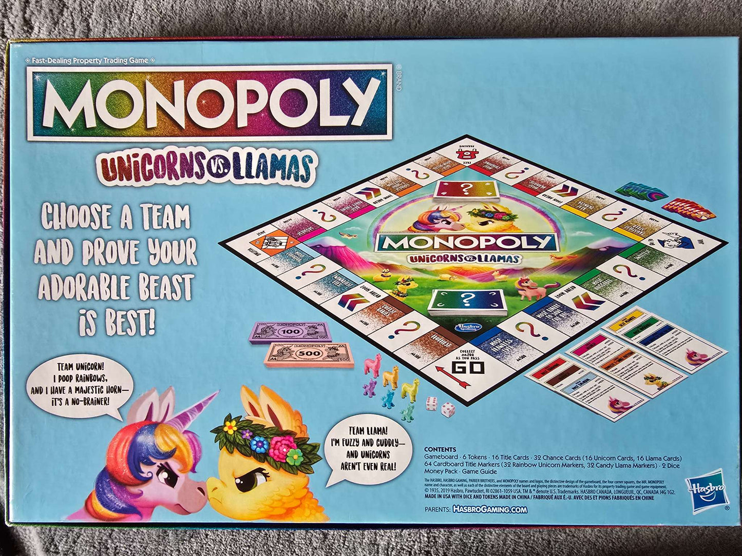 Llamas v. Unicorns Monopoly edition for kids