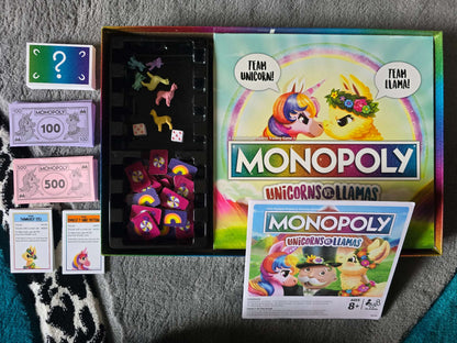 Llamas v. Unicorns Monopoly edition for kids