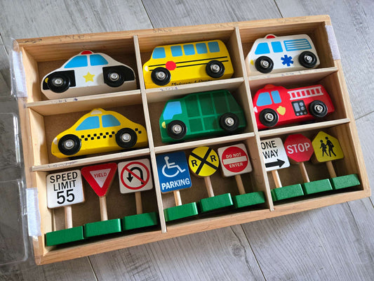Melissa and Doug Wooden Vehicles and Traffic Signs, Retails for $35