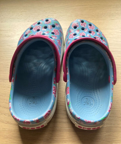 Floral Light Blue Crocs, Size 12-13, Shoes 12.5 (Kids:4-8yr)