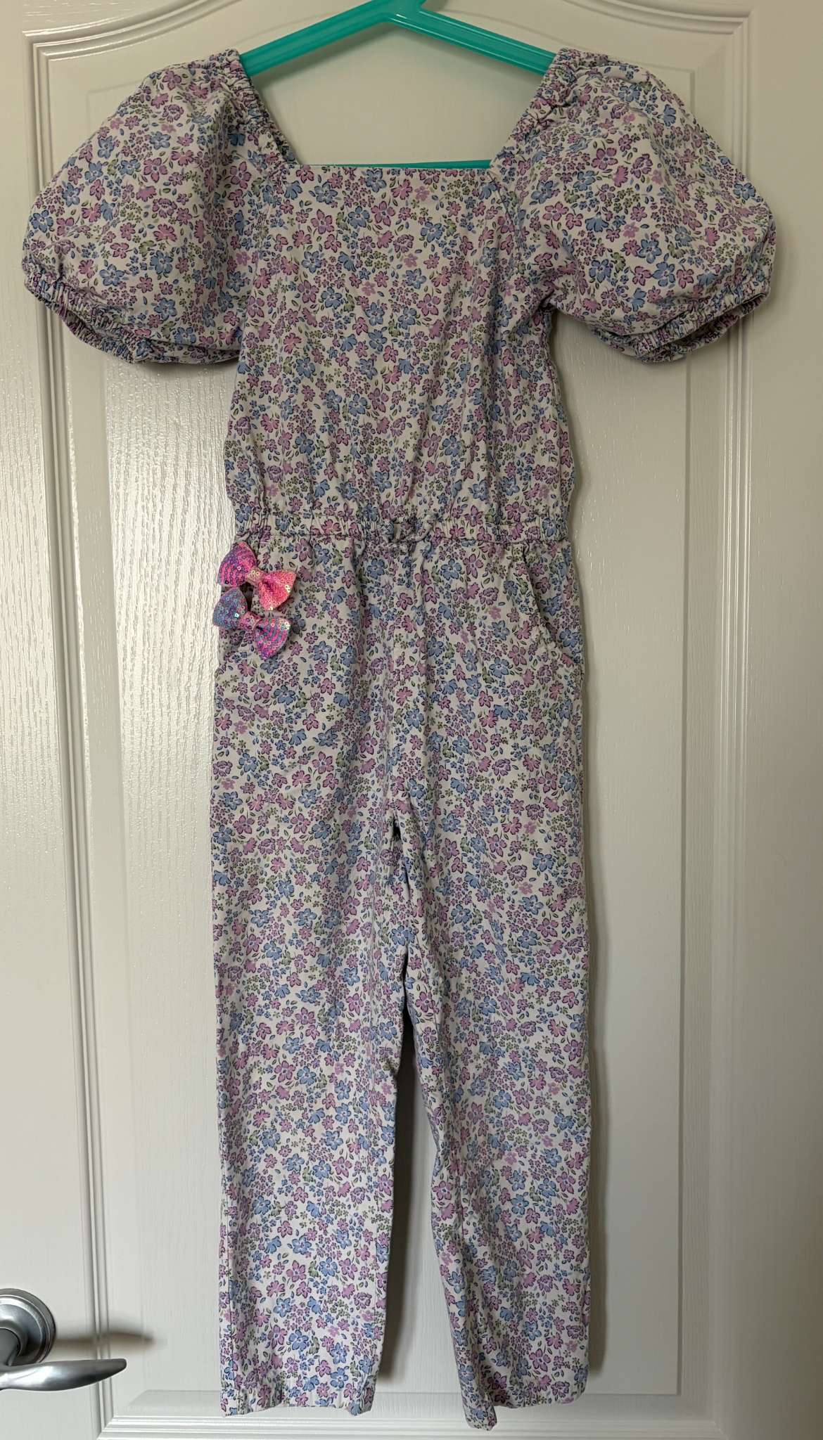 Puffed Sleeve Romper & Matching Barrettes, Size 6, Kids 6/6X