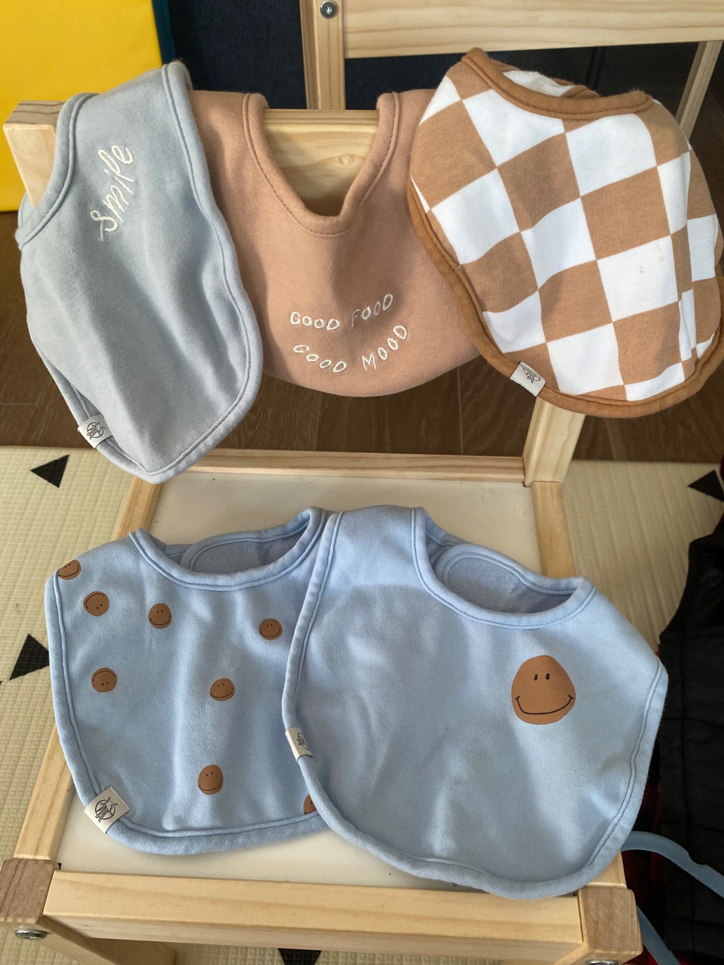 Lassig bibs Blue and Tan Set of 5