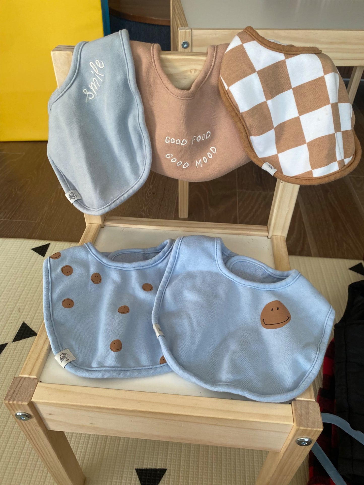 Lassig bibs Blue and Tan Set of 5