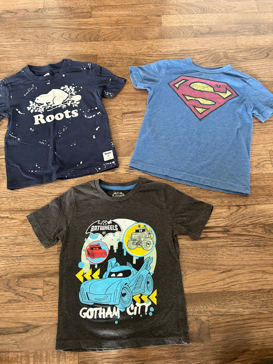 3 x Boys Tshirts - Roots, Old Navy (Superhero), Kids 5/5T (extra small)