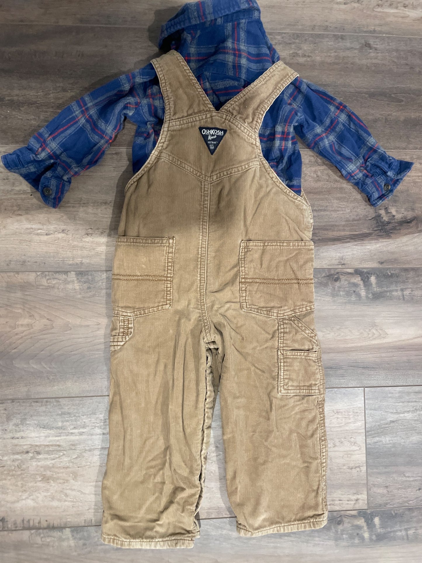 Toddler boys cord, overalls, and flannel top Size 24months, Kids 24 Month (18-24M)