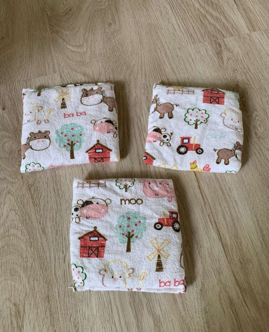 3 handmade beanbags; farm flannel print