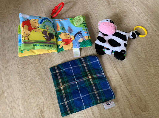 Winnie the Pooh; cow soft books & crinkle toy