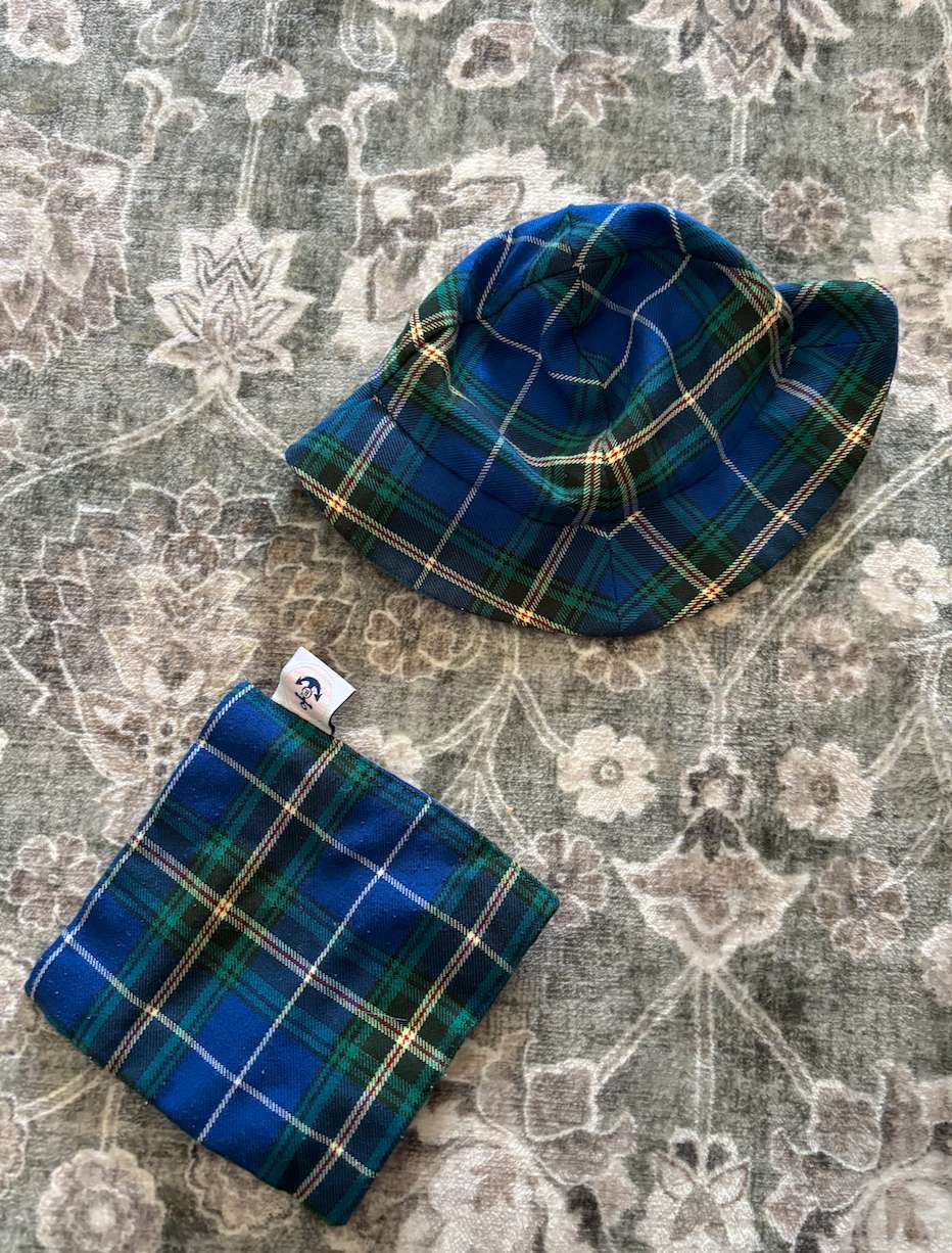 Tartan baby set; bucket hat & crinkle toy