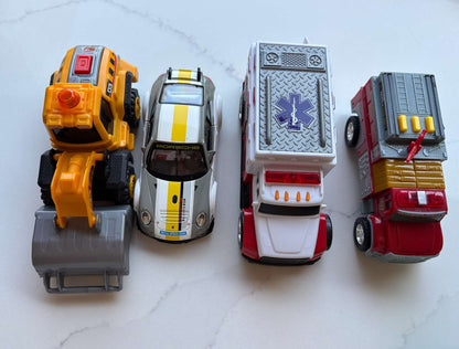 Toy car lot; tractor, firetruck, ambulance