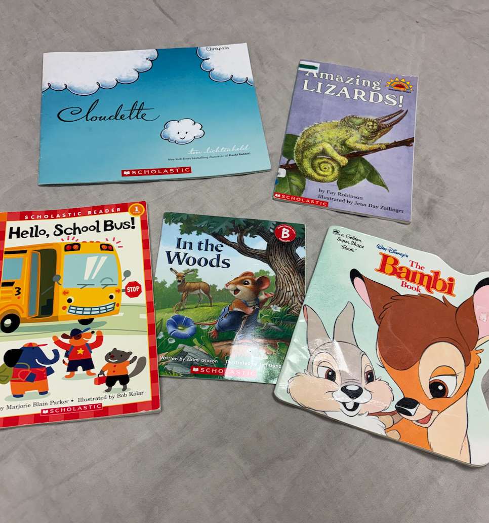 Bambi; school bus; lizards; clouds; in the woods