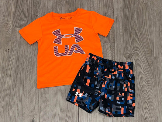 EUC, Boys Under Armour T-shirt and Short Set, size 18 mos, Bright Orange/Blue/Grey/Black, Kids 18 Month (12-18M)